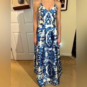 Blue & White Printed Prom Gown